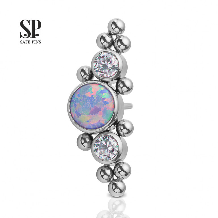 Threadless Cluster with purple opal, Clear CZ and bubbles