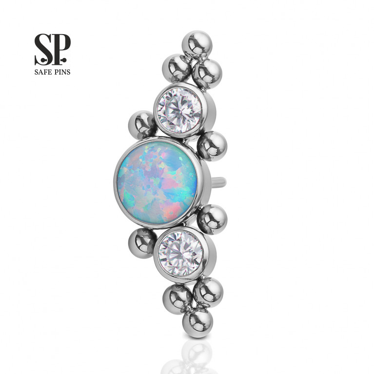 Threadless Cluster with blue opal, Clear CZ and bubbles