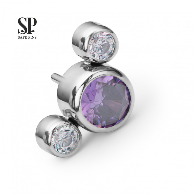 Threadless Cluster with three CZ crystals (clear/amethyst)