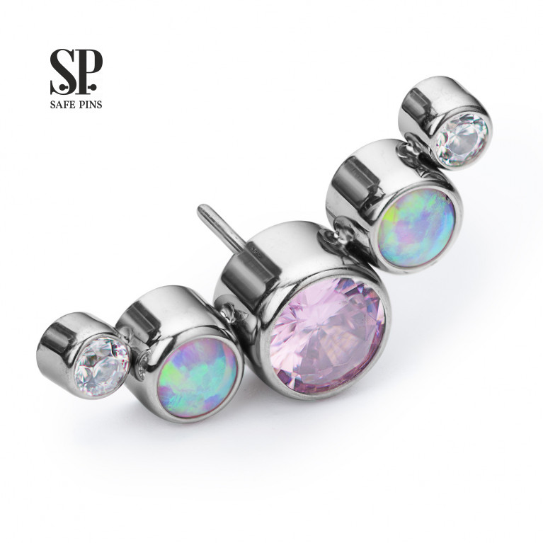 Threadless Cluster with CZ crystals and pink opals