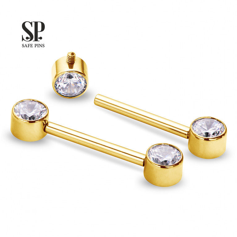 Internal Nipple Barbell with Clear CZ (Gold PVD)